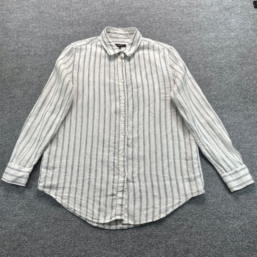 Quince Linen Shirt Women M Oatmeal Black Stripe Long Sleeve Button Down LB64324